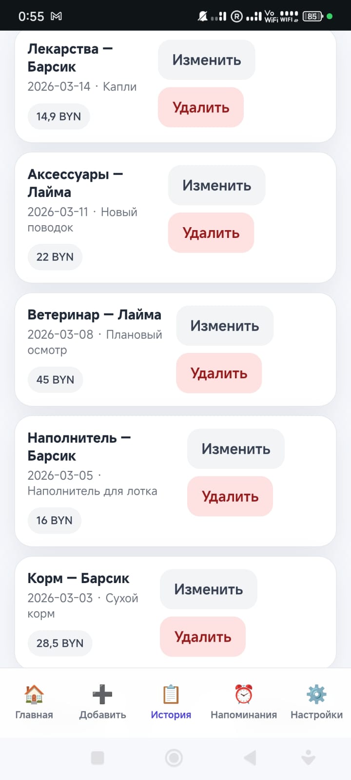 Экран истории расходов
